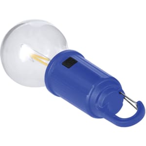 A blue portable lamp with a transparent bulb and a hook for easy hanging. It features a power switch on the side.