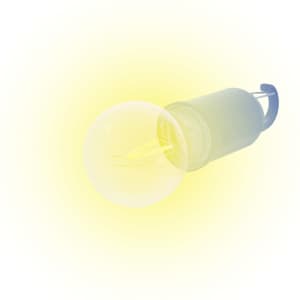 A yellow Trapix Lamp with a round bulb and a handle, featuring a logo on the side.