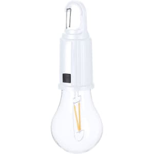 A white portable lamp with a hook design and clear bulb, featuring a black power button.