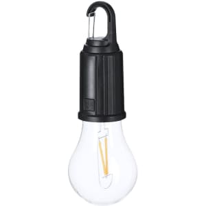 A black hanging lamp with a transparent bulb, featuring a hook for easy attachment.