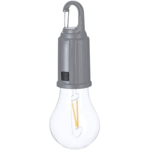 A grey hanging lamp with a transparent bulb and a hook for easy attachment.