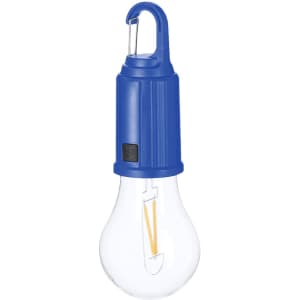 A blue lamp with a hook and a bulb-shaped glass cover. The lamp includes a power button.