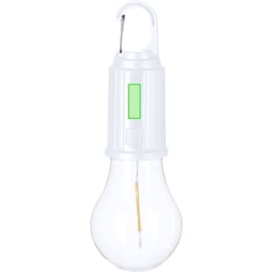 A white hanging lamp with a transparent bulb shape and a hook for attachment. It features a simple green button.