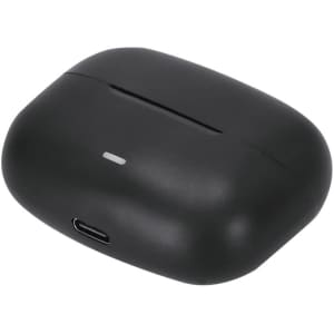 A black earbuds case with a sleek design and a charging port at the bottom. It features a small indicator light.