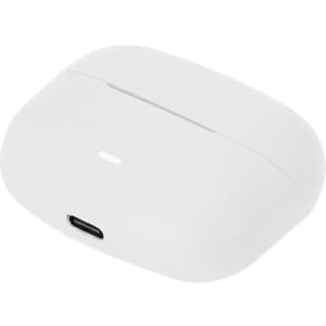 A white earbud case with a USB-C charging port, featuring a sleek, minimalist design.