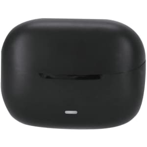 A black earbud case with a smooth surface and a small light indicator at the front. It has a simple, rounded design.