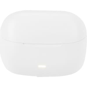 A white earbud charging case with a simple design and a small indicator light. It has a logo on the surface.