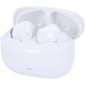 A pair of white earbuds nestled in a compact white charging case, featuring a simple design.