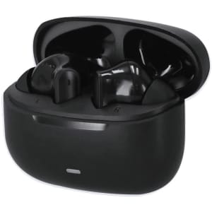 A pair of black earbuds housed in a matching charging case, featuring a logo on the case.