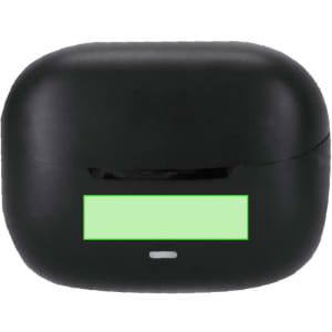 A black earbud case with a prominent green area on the front, featuring a logo.