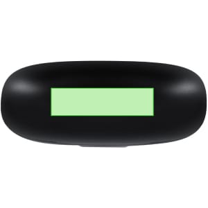 A black earbud case with a rectangular green display on the front, designed for the Cuita Translator Earbud.
