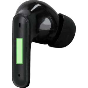 A black earbud with a green accent, featuring a sleek design and an integrated logo.