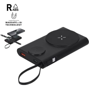 A black power bank with a circular charging pad and multiple ports. It features a logo and a slim design.