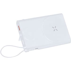 A white power bank with a simple design and a wrist strap. It features a logo on the surface.