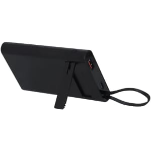 A black power bank with a built-in stand and a charging port, featuring a strap for convenience.