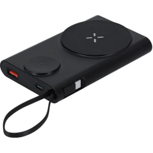 A black power bank featuring a wireless charging pad, USB ports, and a convenient carrying strap.