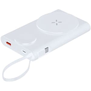 A white power bank featuring multiple ports, including a USB-C and a USB-A, with an integrated strap.