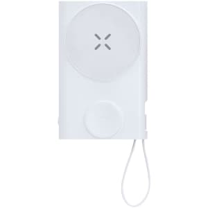 A white power bank with a circular charging surface and a looped strap, featuring a branding logo.