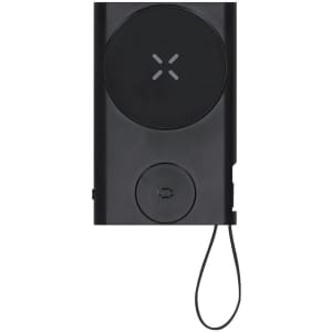 A power bank in black with a circular charging pad and a small charging port. It features a loop for easy carrying.