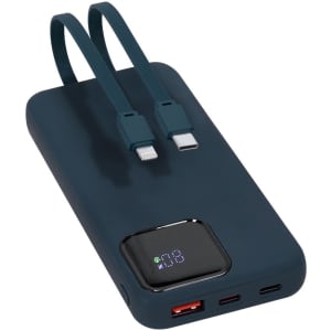 A navy blue power bank with two integrated charging cables and a digital display. It features multiple ports and a logo.