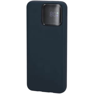 A dark navy power bank with a digital display and a logo on the surface.