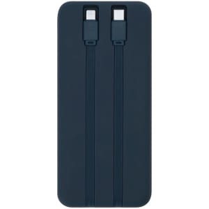 A navy power bank featuring two charging cables attached. It includes branding on the surface.