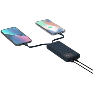 A power bank in navy blue connects to two smartphones, providing charging through cables. It features a branding logo.