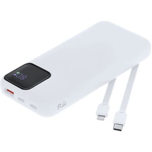 A white power bank with a digital display and two charging cables. It features multiple ports and a logo.