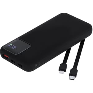 A black power bank with dual charging cables and an LED display for battery status. It has multiple ports and a sleek design.