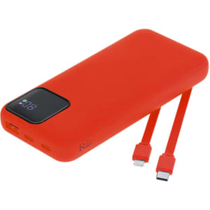 A red power bank with a digital display and two charging cables. It has a logo on one side.