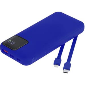 A blue power bank with a digital display and two attached charging cables. The product has a logo on it.