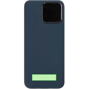 A power bank in navy blue featuring a black section and a green band at the bottom, with a logo on the back.