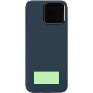 A navy blue power bank with a glossy black section and a rectangular green area on the front.