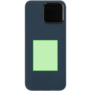A navy power bank with a glossy black section and a green rectangle in the centre. It features a logo.
