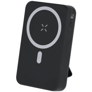 A black power bank featuring a circular design on the front and a built-in stand. It has a logo on the surface.