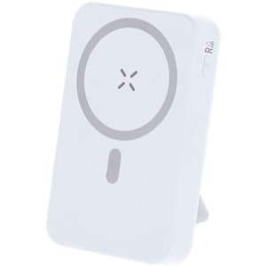 A white power bank with a circular design, featuring a logo and a stand on the back for support.