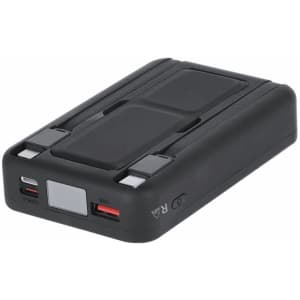 A black power bank featuring multiple charging ports and a sleek design. It includes a logo on the surface.