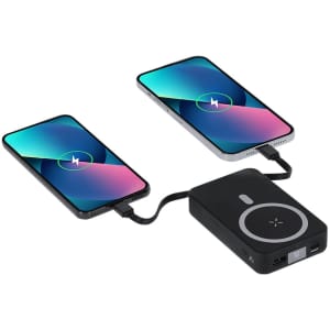 A power bank in black with two connected smartphones, displaying charging icons. It features a logo on the side.