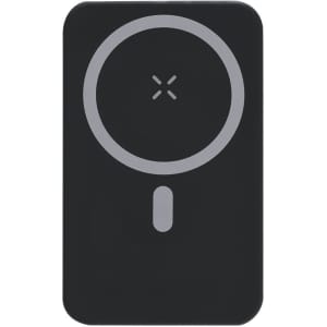 A black power bank featuring a circular design and button, with a logo on the front.