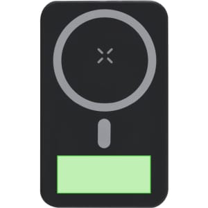 A black Granzax power bank with a circular charging area and a green indicator at the bottom. It features a brand logo.
