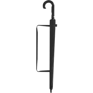 A black umbrella with a curved handle and a storage strap, featuring a branding logo.