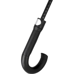 A black Savilar umbrella featuring a curved handle with a textured grip and a metal accent.