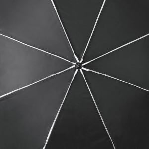 A black umbrella featuring a central hub and white ribs, displayed from underneath. It has a branding logo.
