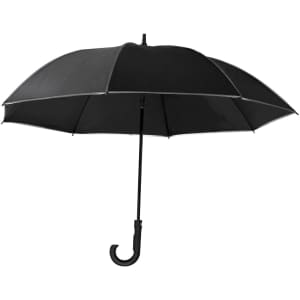 A black umbrella with a curved handle and a simple design, featuring a logo on the fabric.