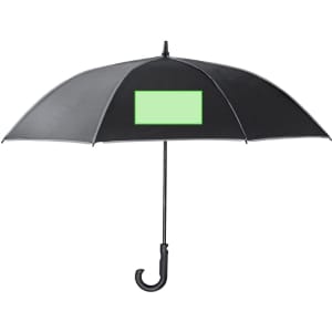 A black umbrella with a green blank area for printing, featuring a curved handle.