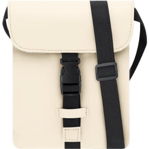 A cream shoulder bag with a black adjustable strap and a buckle closure, featuring a simple design and a logo.