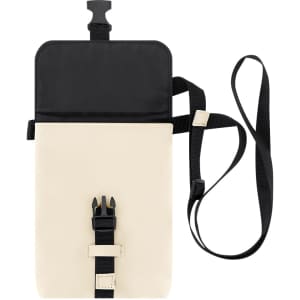 A cream shoulder bag with a black flap and adjustable straps, featuring a buckle closure and a logo.