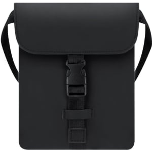 A black shoulder bag with a flap closure and adjustable strap, featuring a buckle on the front.