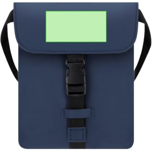 A navy blue shoulder bag with a flap closure and a buckle strap. It features a blank area for logo or branding.
