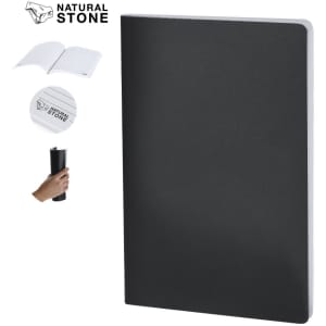 A black notepad with a smooth cover, featuring a logo and blank pages for notes.